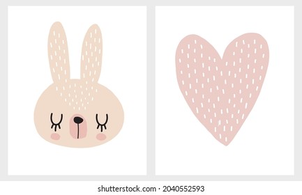 Cute Simple Scandinavian Style Vector Nursery Art With Pink Hand Drawn Baby Bunny And Big Heart Isolated On A White Background. Funny Easter Print Ideal For Card, Wall Art, Kids Room Decoration.