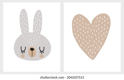 Cute Simple Scandinavian Style Vector Nursery Art with Gray Hand Drawn Baby Bunny and Big Heart Isolated on a White Background. Funny Easter Print ideal for Card, Wall Art, Kids Room Decoration.