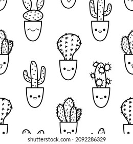 Cute simple seamless cactus pattern with smiley exotic characters. Hand drawn doodle cacti collection wallpaper. Line art succulents variety with faces in black and white.