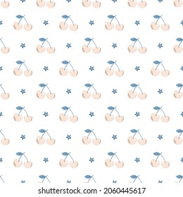 Diseño sencillo y sin fisuras con cerezas beige, hojas azules y estrellas. Impresión de bayas delgadas para los niños que envuelven papel, tejidos para bebés y diseños