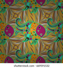 Cute and simple seamless pattern with colorful fish. Tropical fishes, sea fish, aquarium fish on colored background.