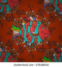 Cute and simple seamless pattern with colorful fish. Vector illustration. Ocean fish on colored background.
