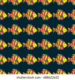 Cute and simple seamless pattern with colorful fish. Tropical fish, sea, aquarium fish on dark blue background.