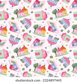 Cute simple seamless pattern with country house in the town. Endless backdrop with scandinavian home can be used for wrapping paper, background, fabric, scrapbook. Hand drawn vector colorful doodle.