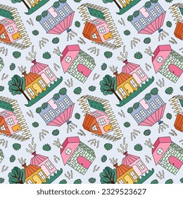 Cute simple seamless pattern with country house in the town. Endless backdrop with scandinavian home can be used for wrapping paper, background, fabric, scrapbook. Hand drawn vector colorful doodle.