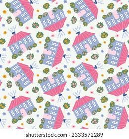 Cute simple seamless pattern with country house in the town. Endless backdrop with scandinavian home can be used for wrapping paper, background, fabric, scrapbook. Hand drawn vector colorful doodle.