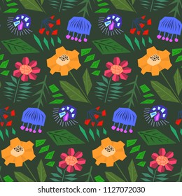 Cute simple seamless pattern with flat abstract flowers on dark green background in scandinavian style. Contrast summer floral texture for textile, wrapping paper, print design, surface