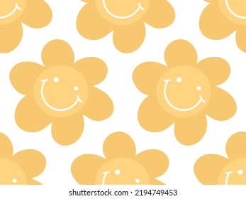 Schlichte, nahtlose Muster, floraler Hintergrund mit duftendem, blühenden, duftenden Kopf, Gesicht mit Lächeln. Positiver gelber floraler Hintergrund