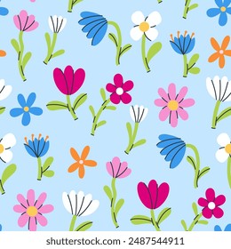 Cute simple seamless pattern with flowers of various shapes. Vector graphics.