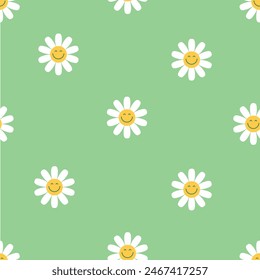 Cute simple seamless pattern with groovy daisy flowers. Spring and summer background. Vector illustration