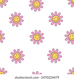 Cute simple seamless pattern with groovy daisy flowers. Spring and summer background. Background in trendy retro trippy 2000s style. Funny texture for surface design. Vector illustration