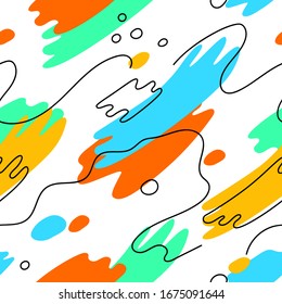 Cute simple seamless pattern with hand drawn bright multicolor spots. Cute image with abstract repeating shapes. Stock vector illustration for wrapping, kids room wallpaper, social media post template