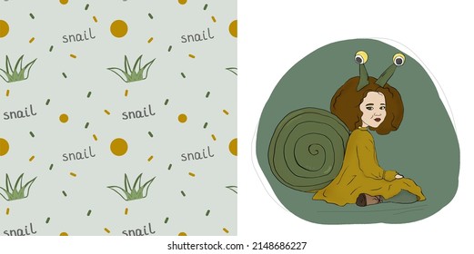 cute simple seamless pattern for kids with grow and "snail". girl wearing snail costume. cartoon girl for card illustration.  