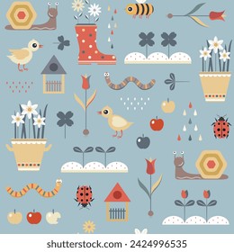 Cute simple seamless pattern for kids with garden creatures, plants and objects 
