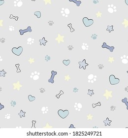 Un sencillo patrón impecable con huellas de pata, mascotas, corazones y estrellas. Ideal para la tela de bebé, textil, papel tapiz de vivero. Fondo vector infantil. Colores Pastel.