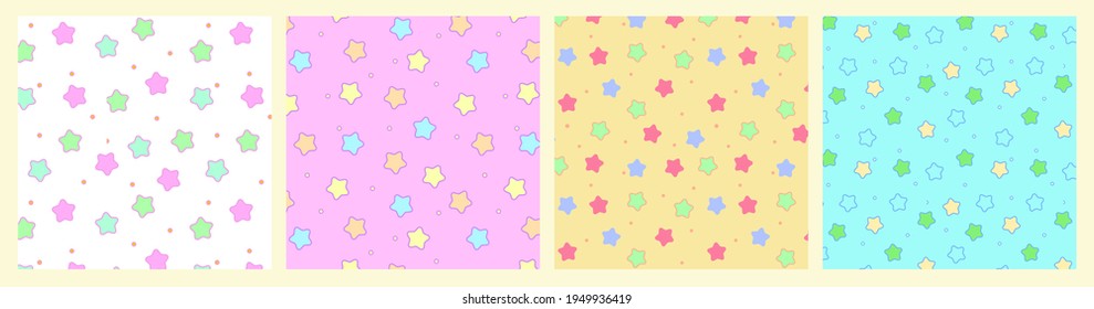 Cute simple seamless pattern set in little princess style. Vector fantastic fairy anime background with stars background. Cute simple repeat design Collection in fantasy style. Magic anime background.