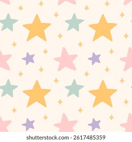 Cute simple seamless pattern with stars in pastel colors. Vector hand-drawn flat illustration. Perfect for print, wrapping paper, wallpaper, fabric, textile. Childish design.