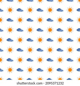 Cute simple seamless pattern with sun and cloud. Children print for textiles, wrapping paper and design. Vector flat illustration