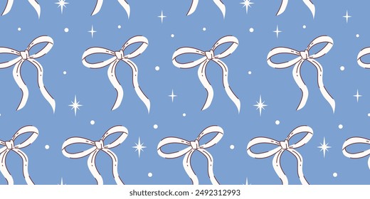 Cute simple seamless pattern with white vintage bows and stars on blue background. Simple trending illustration for printing on fabric, paper and more.