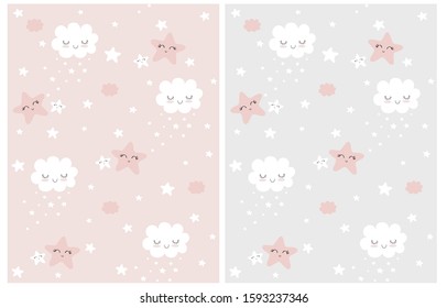 Cute Simple Seamless Patterns ith White Fluffy Smiling Clouds and Stars on a Light Gray and Pink Background. Simple Nursery Art for Baby Girl. Print with Clouds and Stars Isolated on a Pink and Gray.