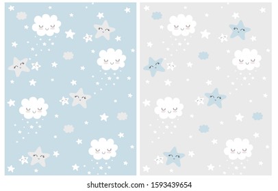 Cute Simple Seamless Patterns ith White Fluffy Smiling Clouds and Stars on a Light Gray and Blue Background. Simple Nursery Art for Baby Boy. Print with Clouds and Stars Isolated on a Blue and Gray.