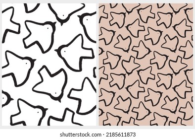 Cute Simple Seamless Vector Pattern with Black Hand Drawn Flying Birds on a White and Light Brown Background. Abstract Doves Print ideal for Fabric, Textile. Pattern with Animal Symbol of Peace. 