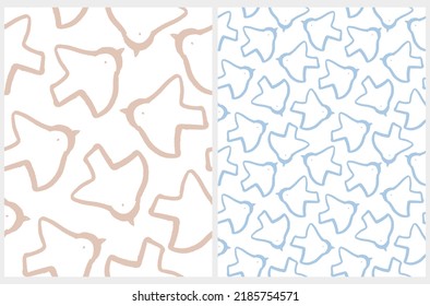 Cute Simple Seamless Vector Pattern with Light Blue and Beige Hand Drawn Flying Birds on a WhiteBackground. Abstract Doves Print ideal for Fabric, Textile. Pattern with Animal Symbol of Peace. 