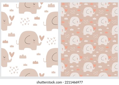 Patrón vectorial simple sin foco con elefante dulce, nubes y corazones sobre fondo beige blanco y negro. El simple arte de la guardería es ideal para el tejido, el papel de envolver, la fiesta de los niños y las niñas.