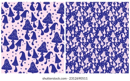 Cute Simple Seamless Vector Pattern with Freehand Sketched Mushrooms on a Royal Blue and Light Pink Background. Magic Hand Drawn Mushrooms Print ideal for Fabric, Textile, Wrapping Paper.Groovy Print.