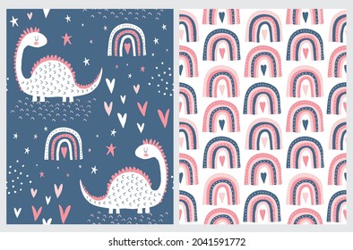 Cute Simple Seamless Vector Patterns with White Shy Dinosaurs and Funny Rainbows. Lovely Print for Baby Boy and Girl. Repeatable Print with White Dino, Hearts and Stars on a Dark Blue Background. 
