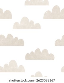 Cute Simple Seamless Vector Patterns with Beige Fluffy Clouds on a White Background. Simple Nursery Wallpaper With Gray Clouds. Print with Clouds Isolated on a White  Background. RGB Color.