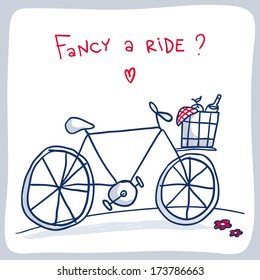 Cute simple sketch of the bicycle with a basket of things for a picnic, valentine card