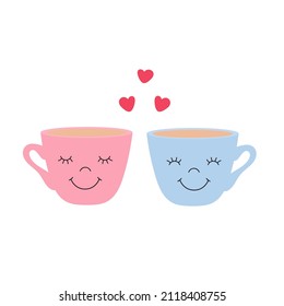 Cute simple smiling couple of cups with cooffe and hearts. Romantic vector illustration isolated on white. Suitable for cafe, coffee shop, logo, interior design