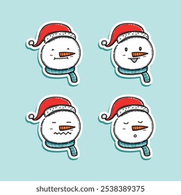 Cute simple snowman head pack collection vector illustration design. Snowman face, head, icon, isolated on blue background. Character merry christmas