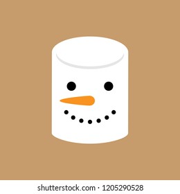 Cute Simple Snowman Marshmallow Vector Illustration. Snowman Face, Sweet Marshmallow Candy Icon, Isolated On Brown Background.