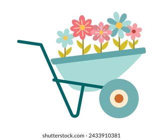 Lindas flores de primavera simple en un carrito de jardín aislado sobre fondo blanco. Ilustración vectorial de estilo plano
