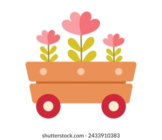 Cute simple spring flowers in a garden cart isolated on white background. Flat style vector illustration