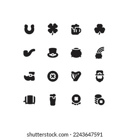 Cute simple St. Patrick's day solid glyph icon set with luck and beer related icons