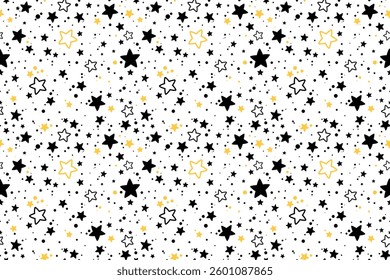Cute simple star background. Black and orange stars on white background.