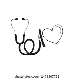 Cute simple stethoscope design with heart in black isolated on white background. Hand drawn simple doodle sketch icon in cartoon engraved line art style. Medicine, cardiology, diagnostics.