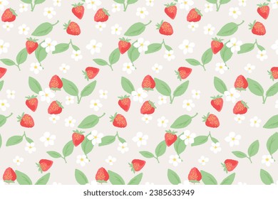 Cute simple stylized berries strawberry, flowers, leaves seamless pattern. Vector hand drawn doodle sketch. Pastel doodle cartoon summer fruits print on a light background. Template for design