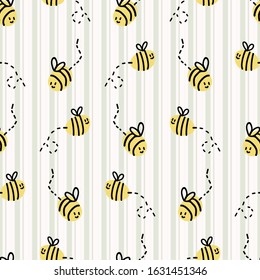 Cute simple stylized bumble bee seamless vector pattern. Hand drawn flying beeline insect gingham stripe background. Summer bug home decor. Playful, busy bee, yellow all over print. 