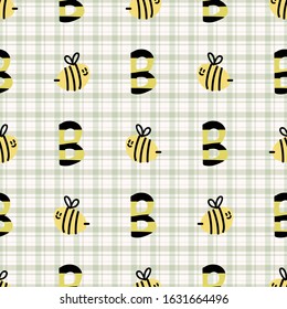 Cute simple stylized letter b bee seamless vector pattern. Hand drawn flying beeline insect gingham stripe background. Summer bug home decor. Playful, busy bee, yellow all over print typography. 