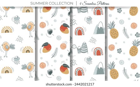 Cute simple summertime patterns. Set of childish doodle backgrounds with rainbow, sun, bird and mango. 