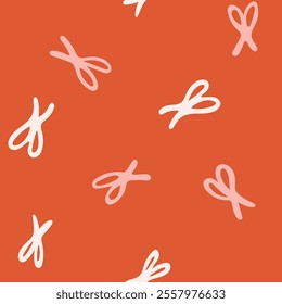 Cute and simple tied up bows in pink and white scattered on an orange background to form a beautiful minimal Christmas seamless vector pattern. Great for home decor, fabric, wallpaper, gift wrapping.