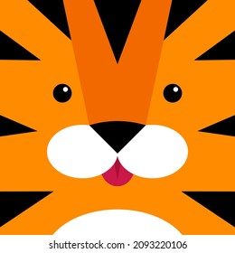 Cute simple tiger portrait, kids drawing flat style. Vector illustration. Safari jungle animal. Symbol for Happy Chinese New Year 2022, geometric wallpaper
