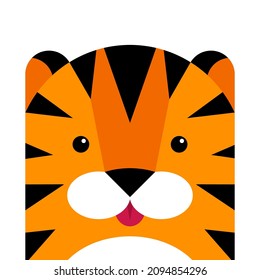 Cute simple tiger portrait, kids drawing flat style. Vector illustration. Safari jungle animal. Symbol for Happy Chinese New Year 2022 isolated on white background