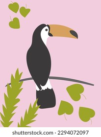 Cute simple toucan on a branch, tropical print, jungle bird, nursery poster, wall art on pink background