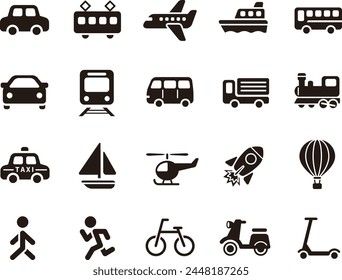 Conjunto de iconos de transporte simple y lindo del vehículo (silueta)