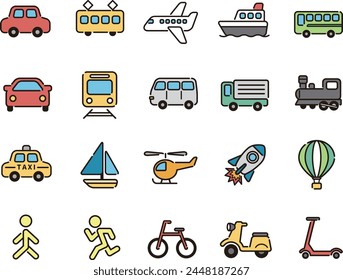 Nette einfache Transport- und Fahrzeug-Icon-Set (Farblinienzeichnung)